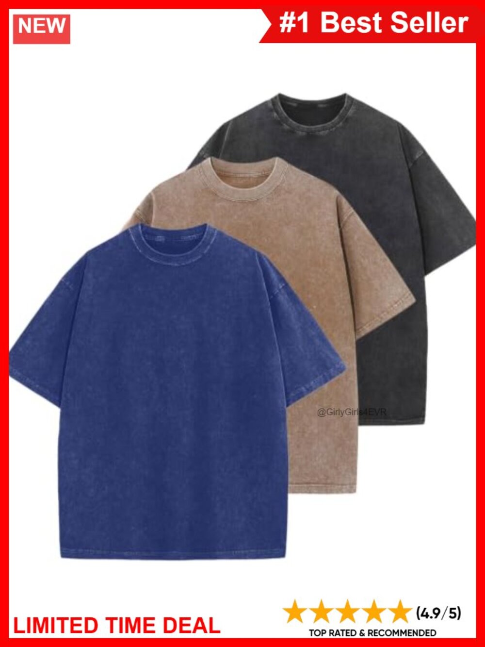 Oversized Cotton T-Shirts 3 Pack Short Sleeve Vintage Unisex Tee Tops